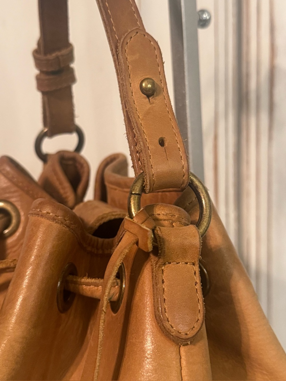 Vintage BASEBALLISM Glove Leather Drawstring Bucket Bag Purse British Tan - Picture 5 of 10